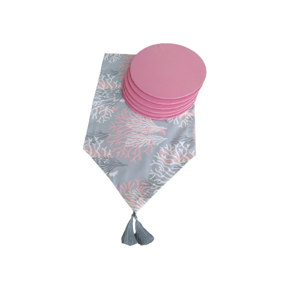 Dehaberkstore Pembeli Grili Mercan Desenli Runner+6 Adet Amerikan Servis Supla Seti - 140 x 40 cm - Pembe Masa Örtüsü Fiyatı