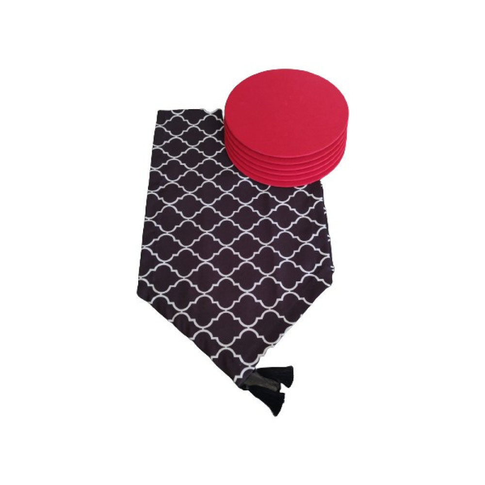 Dehaberkstore Siyah Üzeri Beyaz Moroccan Desen Runner+6 Adet Kırmızı Amerikan Servis Supla Seti - 140 x 40 cm - Renkli Masa Örtüsü Fiyatı