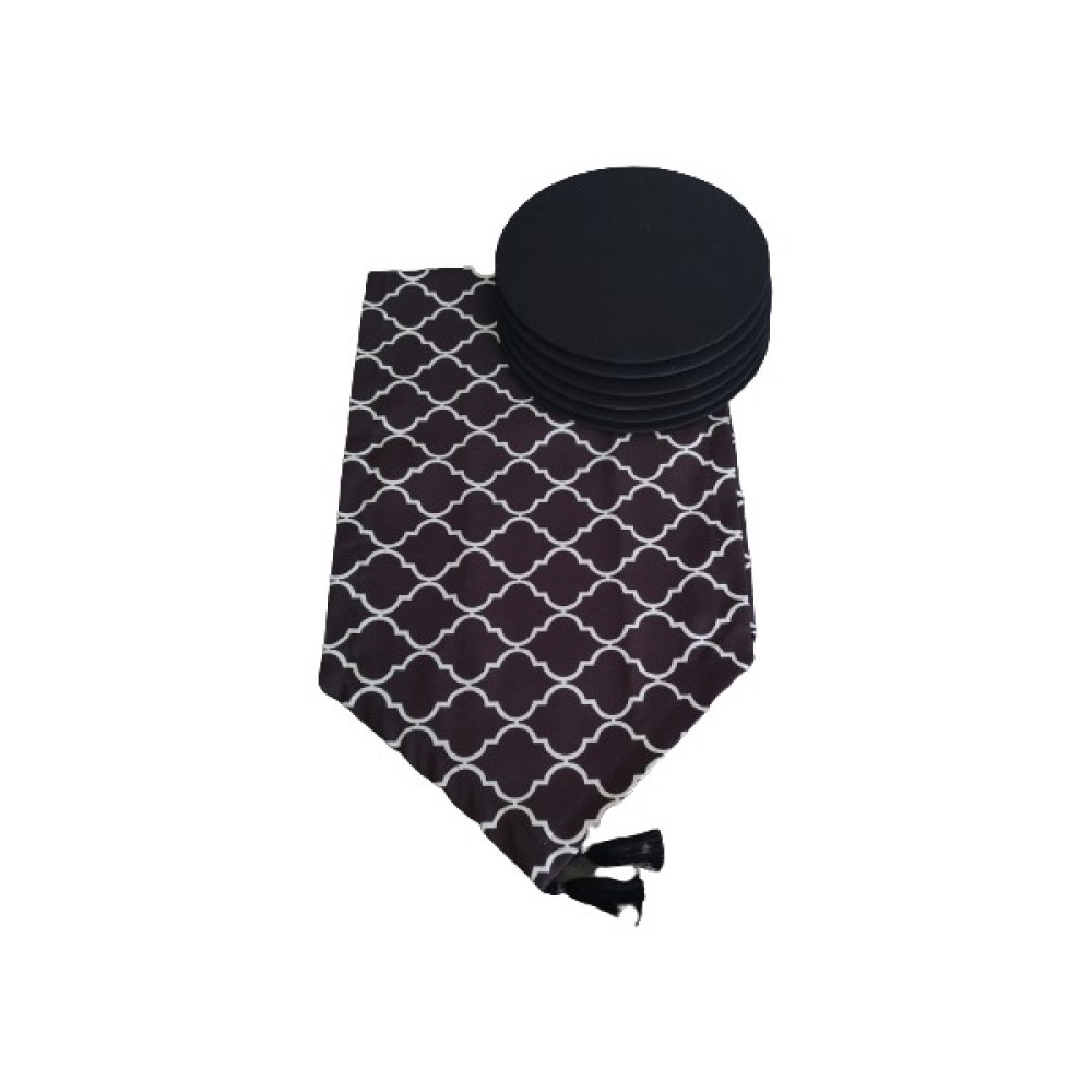 Dehaberkstore Siyah Üzeri Beyaz Moroccan Desen Runner+6 Adet Siyah Amerikan Servis Supla Seti - 140 x 40 cm - Renkli Masa Örtüsü Fiyatı