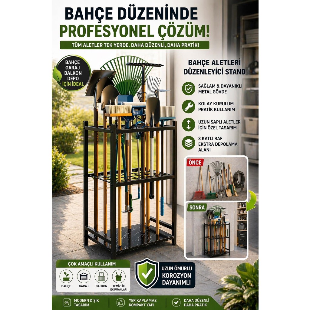Dehalimited Bahçe Aletleri Dolabı Metal Organizer Raf Kazma Kürek Tırmık Standı Çok Amaçlı Bahçe Organizeri - 75X44 Salon Halısı Fiyatı