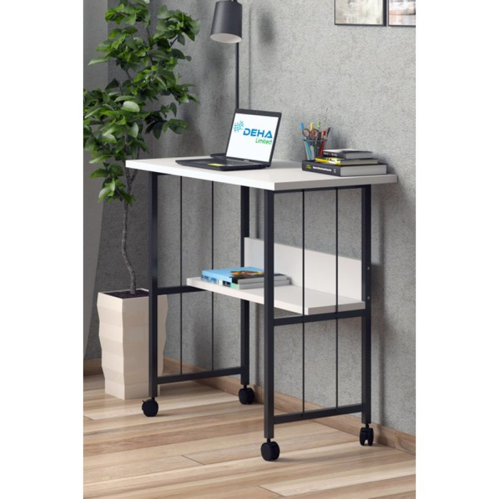 Dehalimited Raflı Frenli Tekerlekli Ofis Ders Laptop Çalışma Masası Metal Ayaklı Mutfak Tekerli Masa - 80 x 40 cm - Beyaz Çalışma Masası Fiyatı