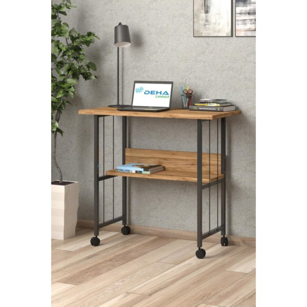 Dehalimited Raflı Frenli Tekerlekli Ofis Ders Laptop Çalışma Masası Metal Ayaklı Mutfak Tekerli Masa - 80x40 - Kahverengi Çalışma Masası Fiyatı