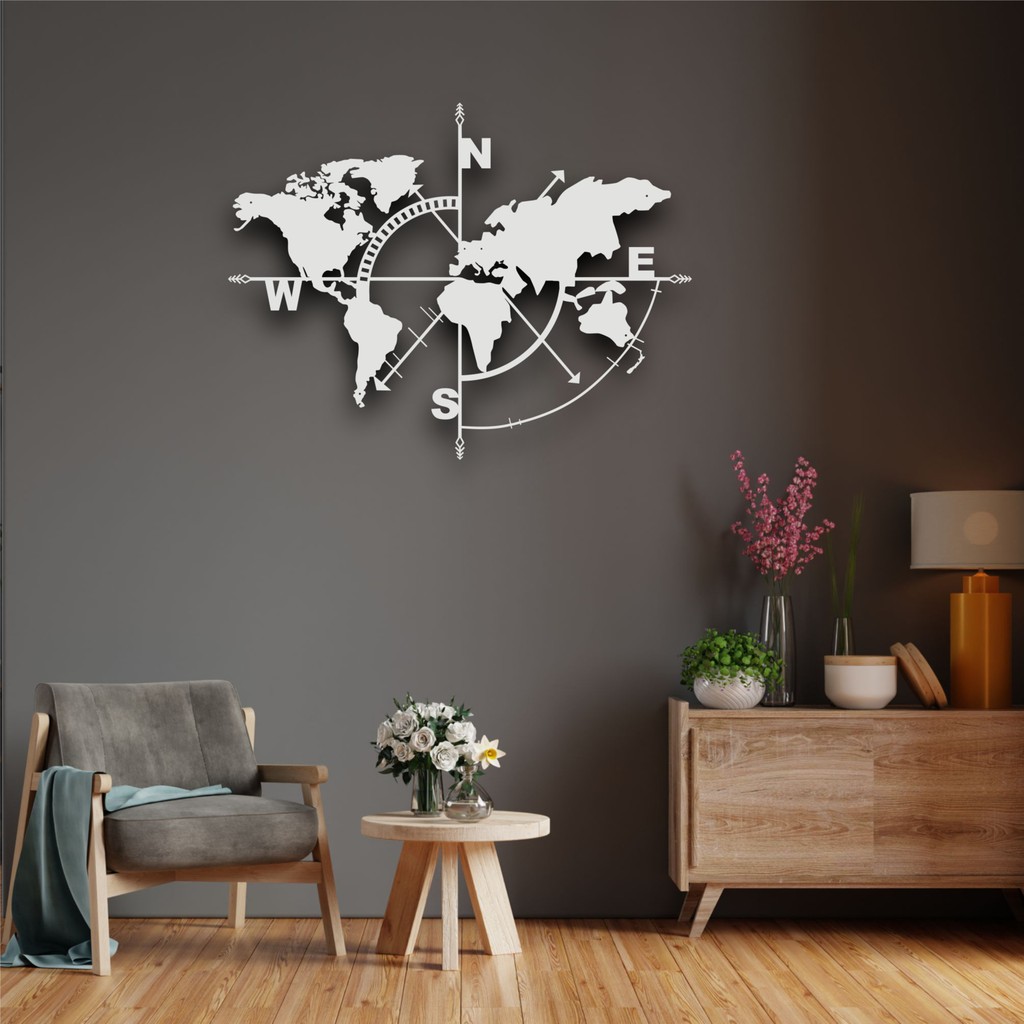 Dekadron Pusula Dünya Haritası Metal Duvar Dekoru - 140x104cm - Beyaz Diğer Fiyatı