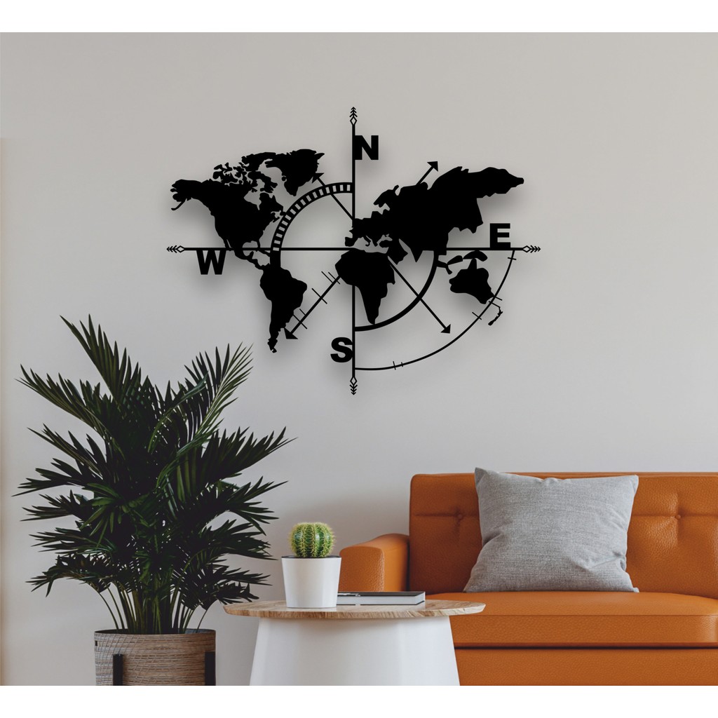 Dekadron Pusula Dünya Haritası Metal Duvar Dekoru - 98x75cm - Siyah Diğer Fiyatı