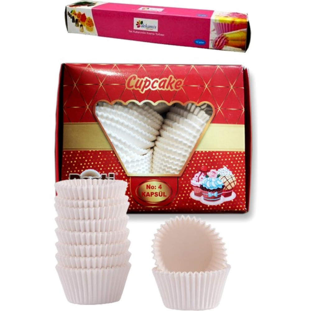 Dekamis Beyaz Muffin Kek Kapsülü ve Krema Sıkma Torbası / No:4 Muffin Kek Kağıdı 600 Adet Cupcake Kağıdı Tatlı ve Pasta Malzemeleri Fiyatı