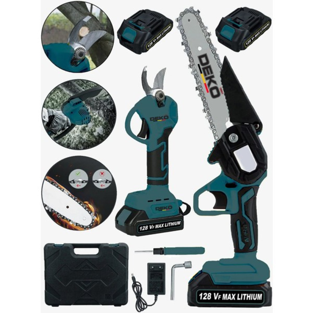 Deko Turkey 2'li Muhteşem Set 128VF 10 Ah Çift Akülü Çelik Şanzıman Şarjlı Dal Ağaç Kesme Budama ve Makası Dal Budama Makineleri Fiyatı