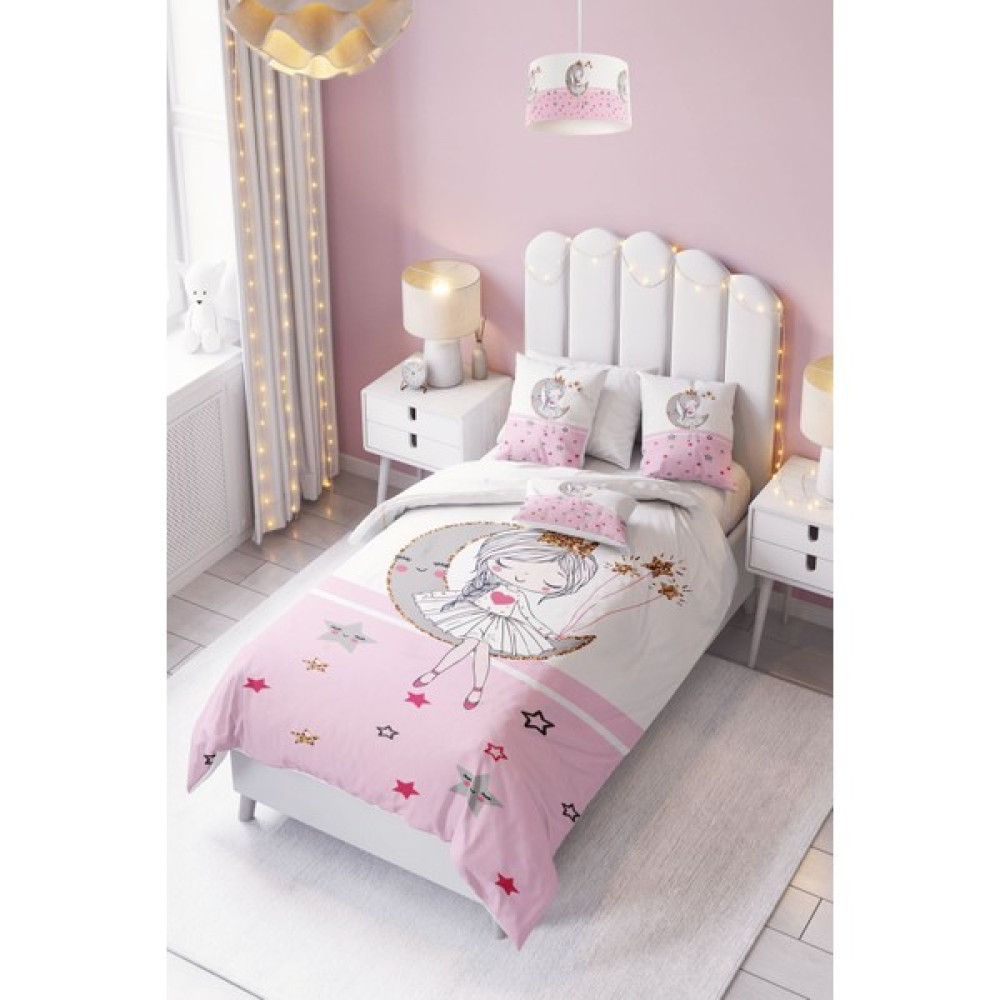 Dekomingo Şeritli Beyaz Pembe Ay Prenses Çocuk ve Bebek Odası Nevresim Takımı ( Çarşaflı ) - Renkli - 160 x 220 cm Nevresim Takımı Fiyatı