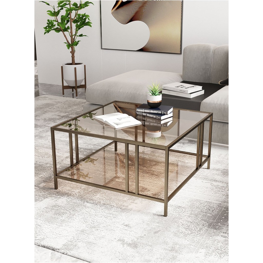 Dekoport Bakü Orta Sehpa Prinç Eskitme Rengi Bronz Cam 75*75 Çift Camlı Orta Sehpa Orta Sehpa Fiyatı