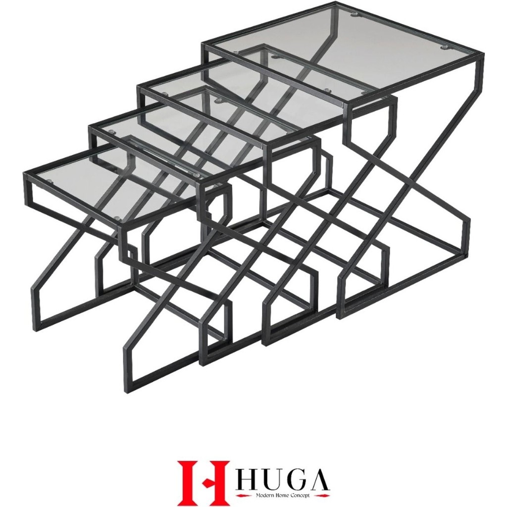 Dekoport Huga 4lü Zigon Sehpa Siyah Metal Cam Modern Tasarım 45*50 Ölçü İç İçe Kullanım - Siyah şeffaf Yan Sehpa Fiyatı