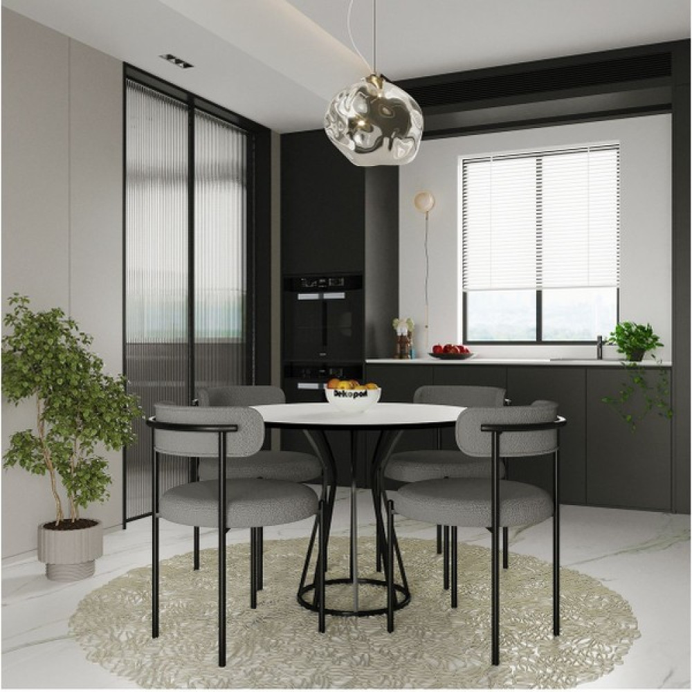 Dekoport Kum Saati Masa 90 Lık Daire Masa 4 Adet Teddy Kumaş Sandalye Mutfak Masası Takımı Cafe Masa Sandalye - Beyaz - Antrasit - 90 x 90 Masa - Sandalye Seti / Takımı Fiyatı