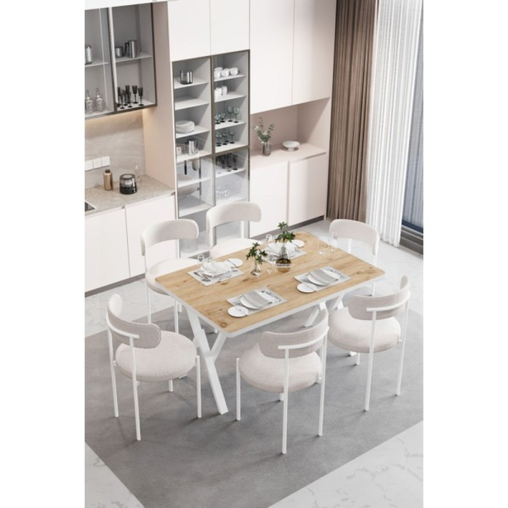 Dekoport Luna 6 Kişilik 80*140 Masa Takımı Teddy Kumaş Sandalye Mutfak Masa Takımı Yemek Masası Takımı - Çam - 80 x 140 Masa - Sandalye Seti / Takımı Fiyatı