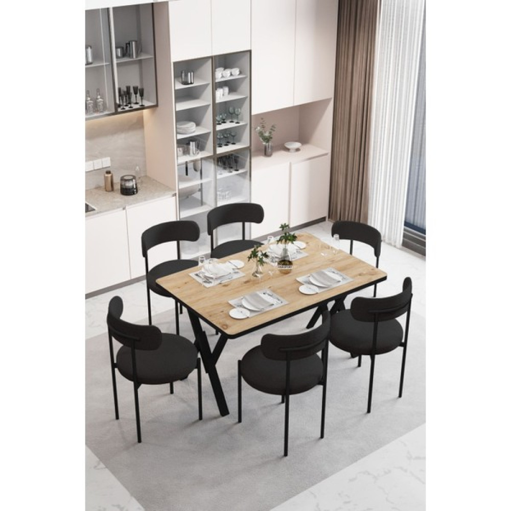 Dekoport Luna 6 Kişilik 80*140 Masa Takımı Teddy Kumaş Sandalye Mutfak Masa Takımı Yemek Masası Takımı - Çam - Siyah - 80 x 140 Masa - Sandalye Seti / Takımı Fiyatı