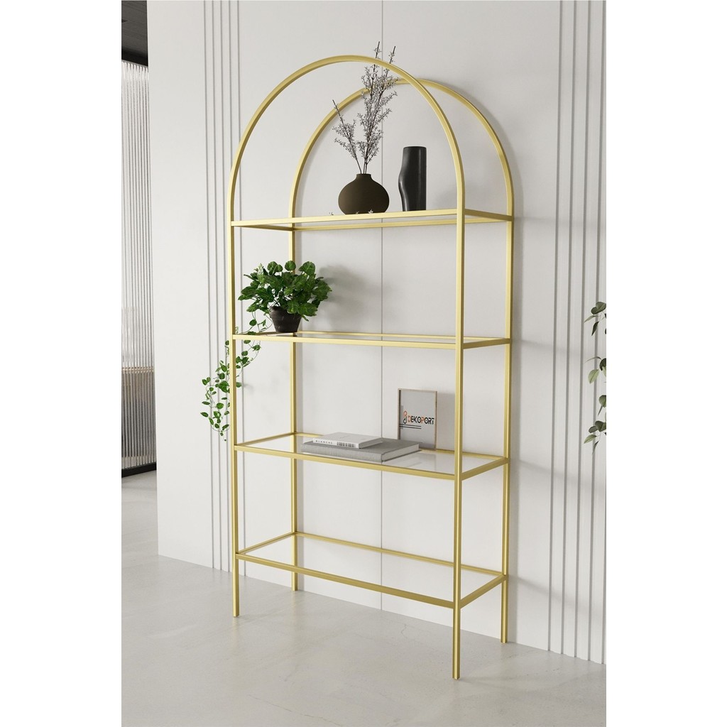 Dekoport Metal Gövdeli Kitaplık Temperli Şeffaf Cam Raflı Altın Renk Modern Tasarım 172x80x30 cm Kitaplık Fiyatı
