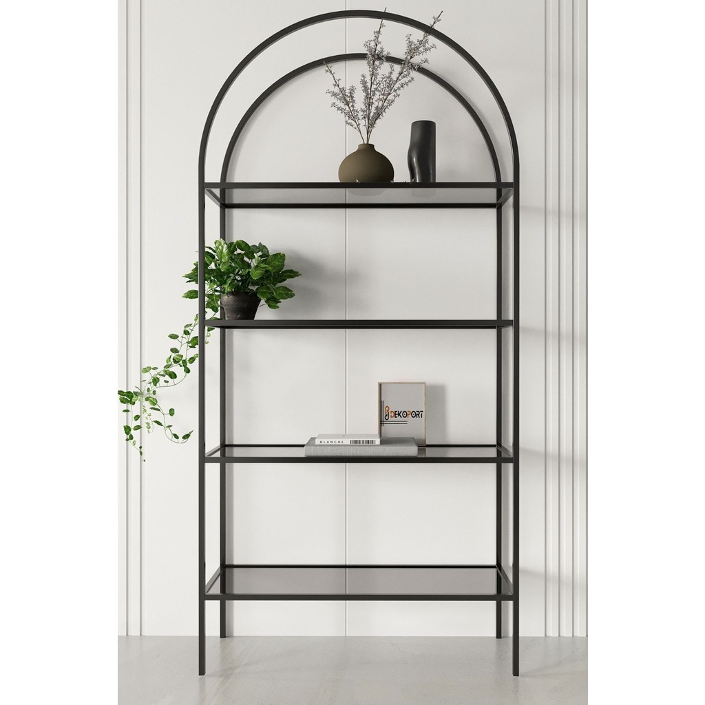 Dekoport Modern Tasarımlı 4 Raflı Metal Kitaplık Siyah Ayak Füme Cam 172 cm Yükseklik Kitaplık Fiyatı