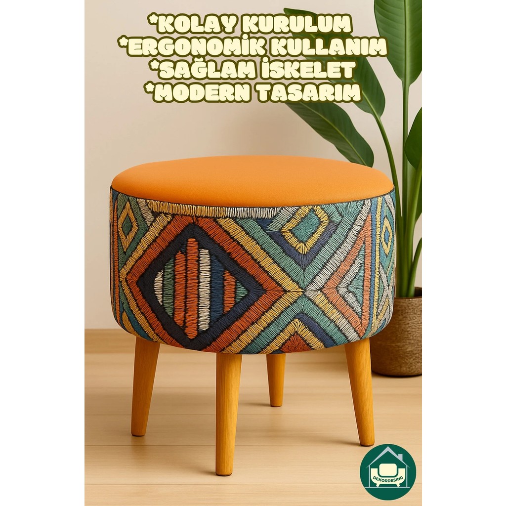 Dekor Mobilyacım Albatros Retro Gürgen Ahşap Ayaklı Dekoratif Etnik Üst Turuncu Desenli Silindir Puf Bench Koltuk Koltuk Fiyatı