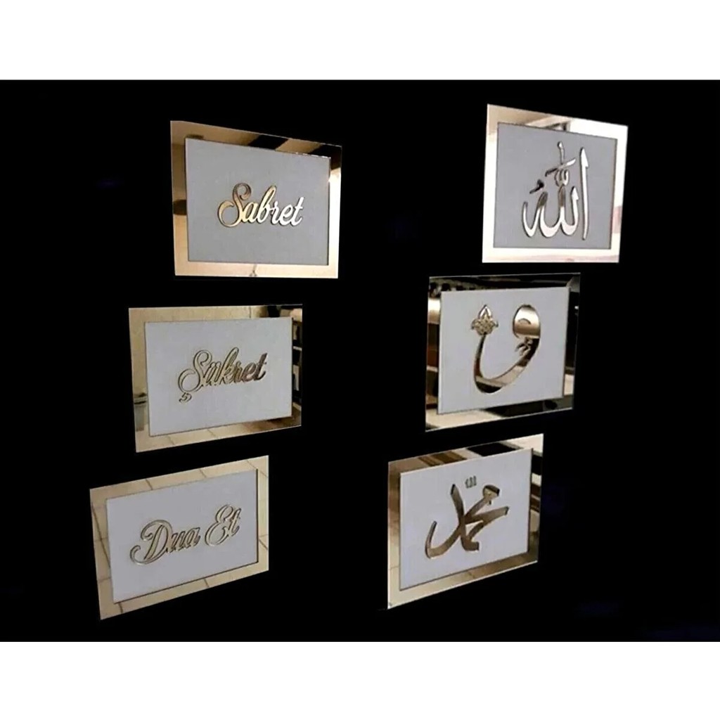 Dekor Treni 3d Sabret Şükret Dua Et Allah Muhammed Vav 6'Lı Tablo Set (20 x 13) Gold / Beyaz - Beyaz - Gold - 20x13 Kanvas Tablo Fiyatı