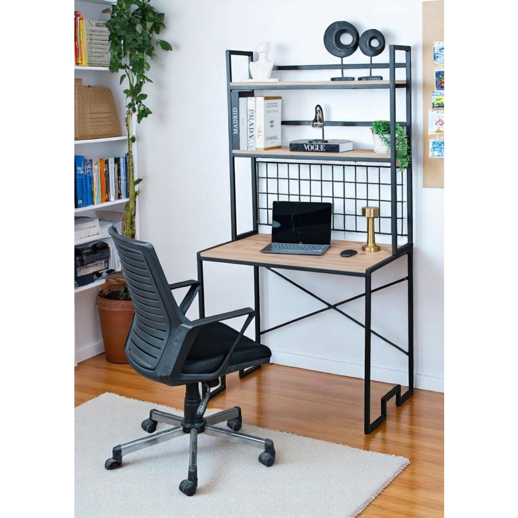 Dekoratif 2 Raflı Metal Çalışma Masası Ahşap Raflı Kitaplık Bilgisayar ve Laptop Masası - 176 X 90 X 60 cm - Siyah Dizüstü Bilgisayar Fiyatı