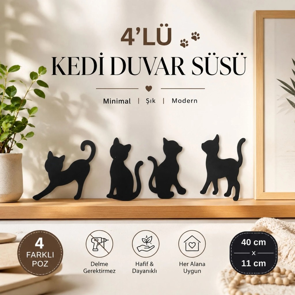 Dekoratif 4'lü Kedi Duvar Süsü Duvar Dekorasyon Şirin Dekoratif Ürünler - Siyah Ahşap Mdf Evcil Hayvan Ürünleri Fiyatı