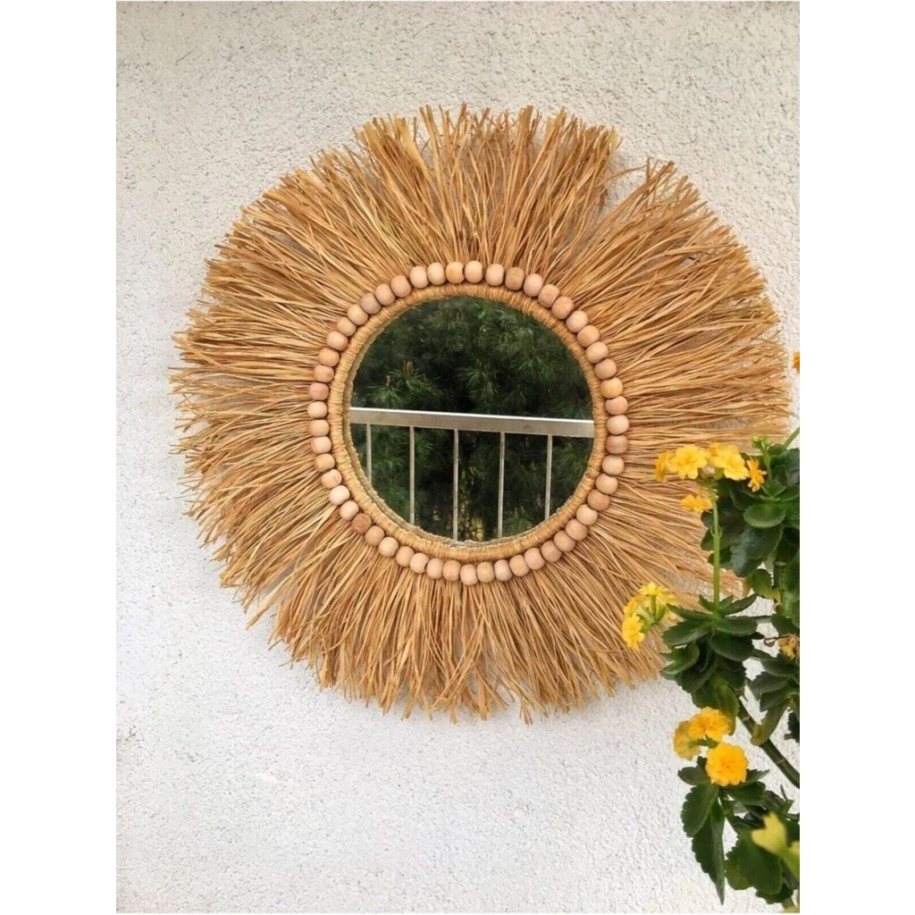 Dekoratif Aynalı Rafya Duvar Süsü Bohemian Style Boncuk Detaylı Ayna 45 cm - 43x43 Çerçeveli Ayna Fiyatı
