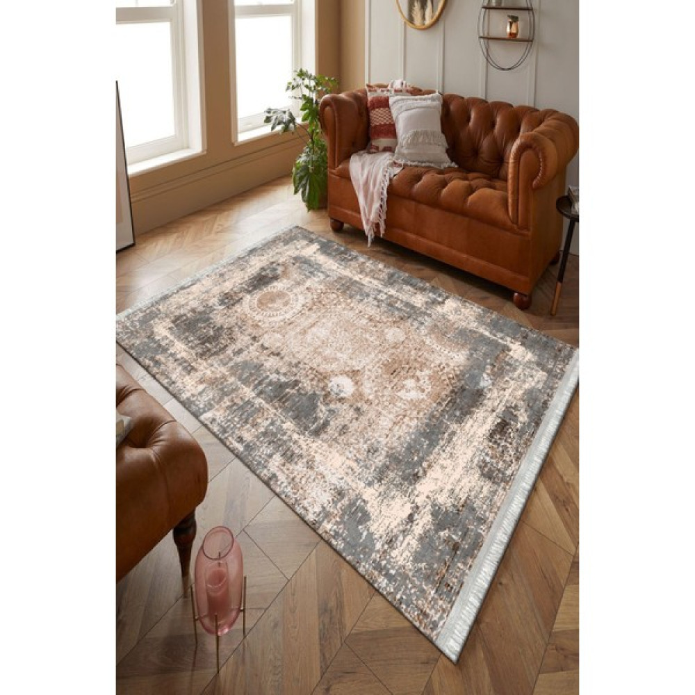Dekoratif Motifli Eskitme Yıkanabilir Kadife Kumaş Dot Taban Kesme Yolluk Yatak Odası Halısı - 80 x 200 cm - Bej Salon Halısı Fiyatı