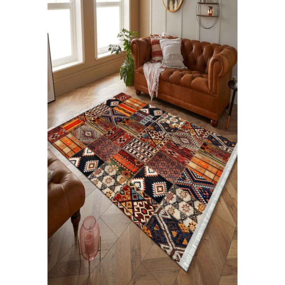 Dekoratif Patchwork Vintage Dokuma Halı Kadife Kumaş Dot Taban Özel Üretim Halı Mutfak Halısı - 200 x 300 cm - Turuncu Salon Halısı Fiyatı