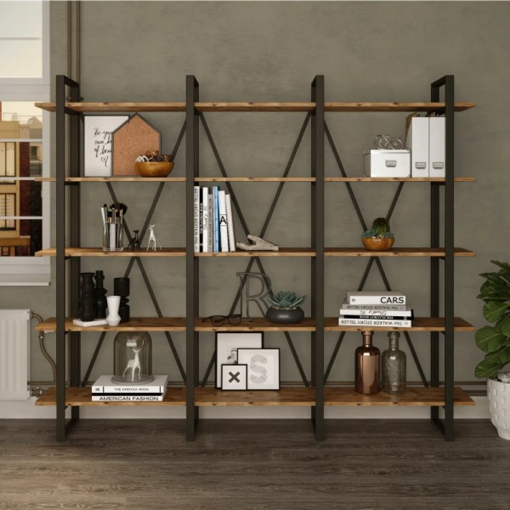Dekoratif Tasarım Modüler Metal Ayaklı 5 Raflı Kitaplık - Ahşap Kitaplık Fiyatı