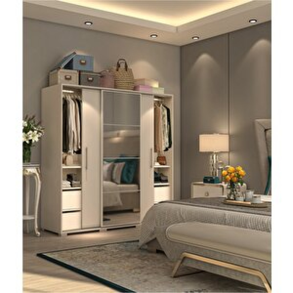 Dekorex Beyaz 3 Sürgü Kapaklı 4 Çekmeceli Aynalı Gardırop Srg208-4 Gardrop & Dolap Fiyatı