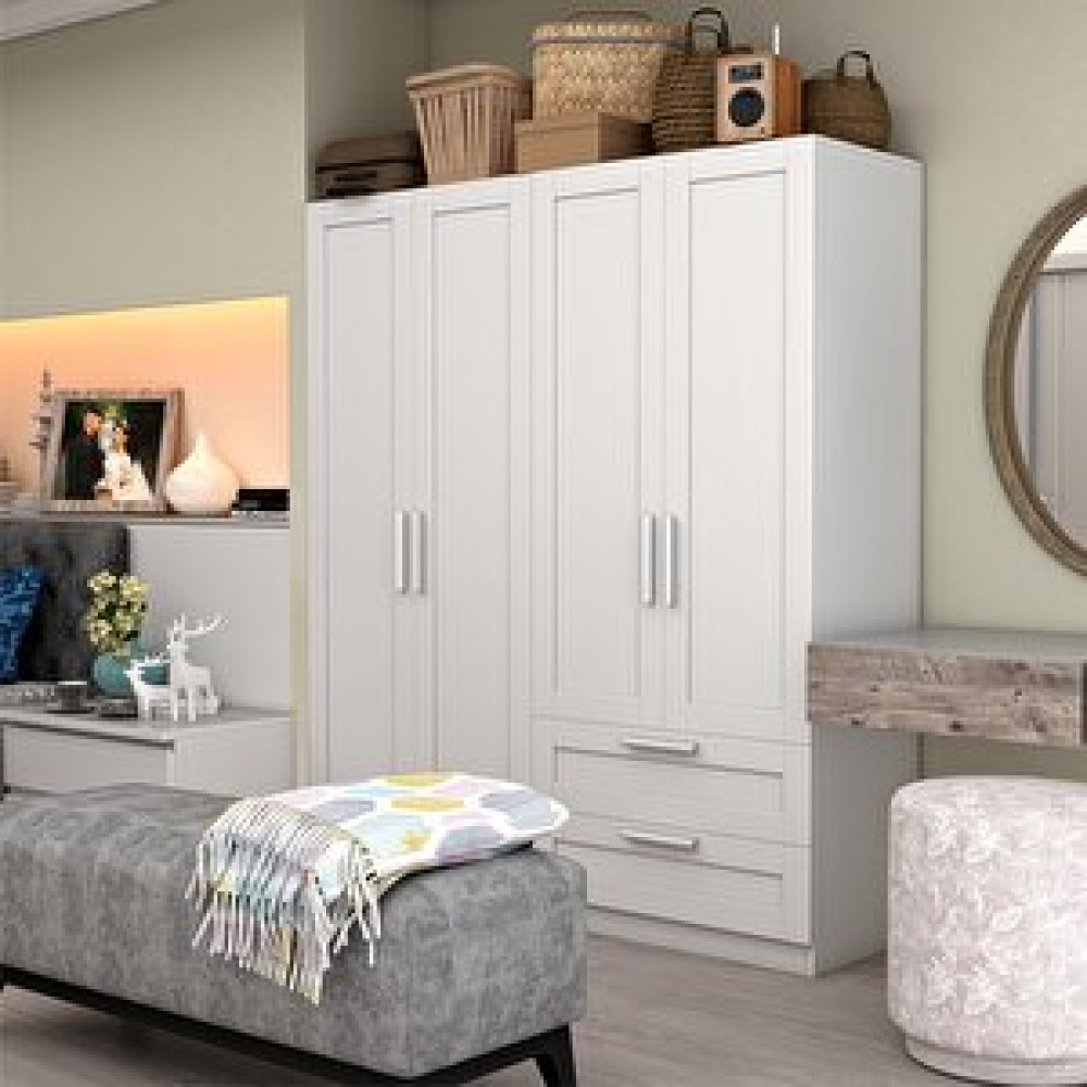 Dekorex Beyaz 4 Kapaklı 2 Çekmeceli Gardırop Mnt416 Gardrop & Dolap Fiyatı