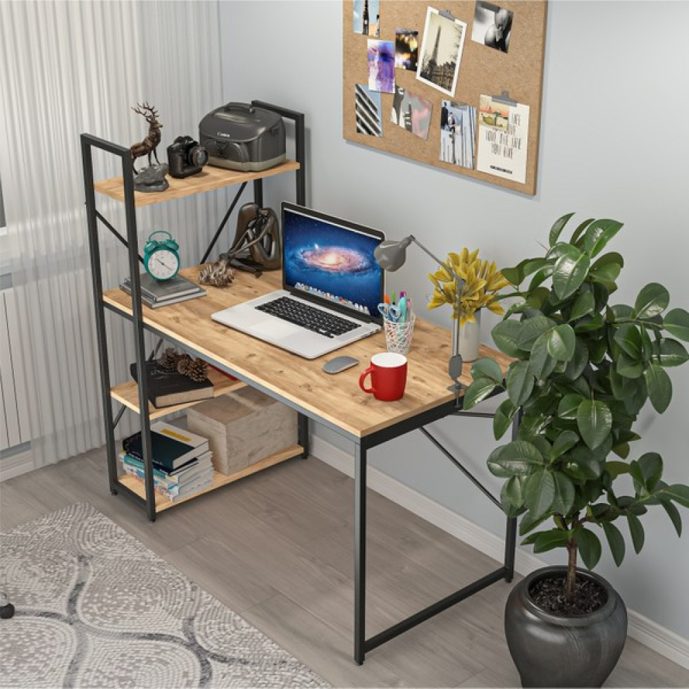 Dekorex CLM108 Ceviz Metal Kitaplıklı Çalışma Masası - 125X120X60 - Açık Ceviz Çalışma Masası Fiyatı