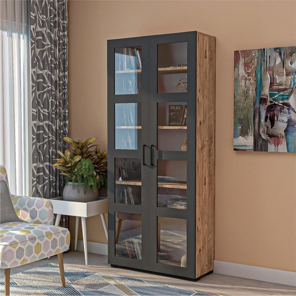 Dekorex KTP211-C-ANTRASIT 2 Cam Kapaklı 6 Raflı Yüksek Kitaplık (G:80CM Y:185CM D:36CM) Kitaplık Fiyatı