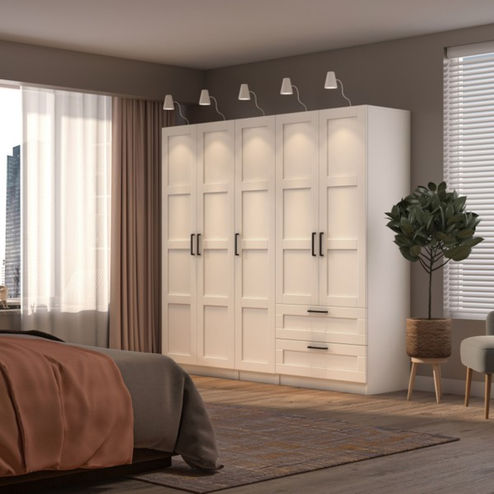 Dekorex MNT-517 Beyaz 5 Kapaklı 2 Çekmeceli Gardırop Gardrop & Dolap Fiyatı