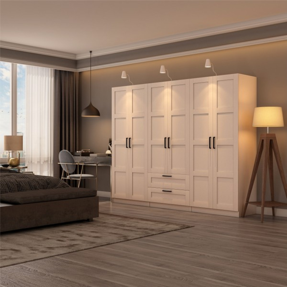 Dekorex MNT-617-BEYAZ -Altı Kapaklı Iki Çekmeceli Gardırop Gardrop & Dolap Fiyatı