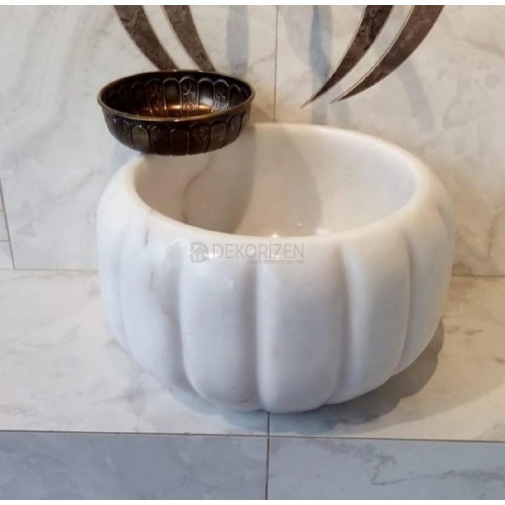 Dekorizen Beyaz Modern Kavun Dilimli Mermer Kurna Lavabo Fiyatı
