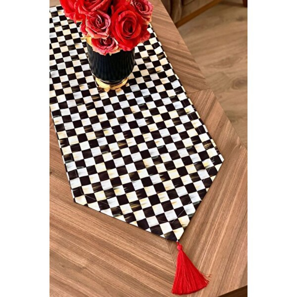 Dekorizyonum Yağlı Boyalı Damalı Runner - Kırmızı - Siyah - 140 x 40 cm Amerikan Servis Fiyatı