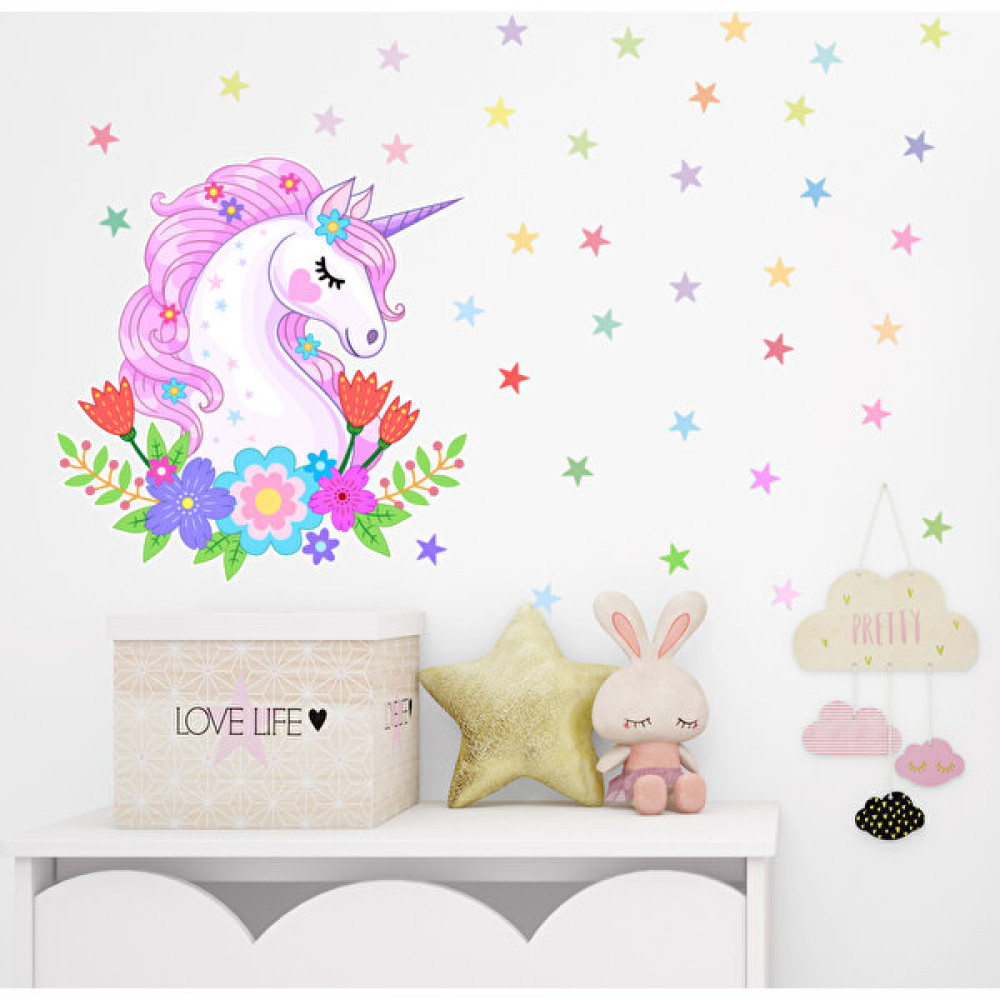 DekorLoft  Yıldızlı Unicorn Çocuk Odası Duvar Sticker CS-889 Bebek Odası Duvar Süsü Fiyatı