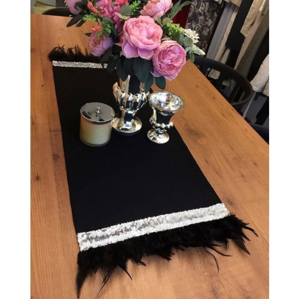 Dekorluk Concept Tüylü ve Payetli Runner (100 x 40) - 40 x 100 cm - Siyah - Gümüş Masa Örtüsü Fiyatı