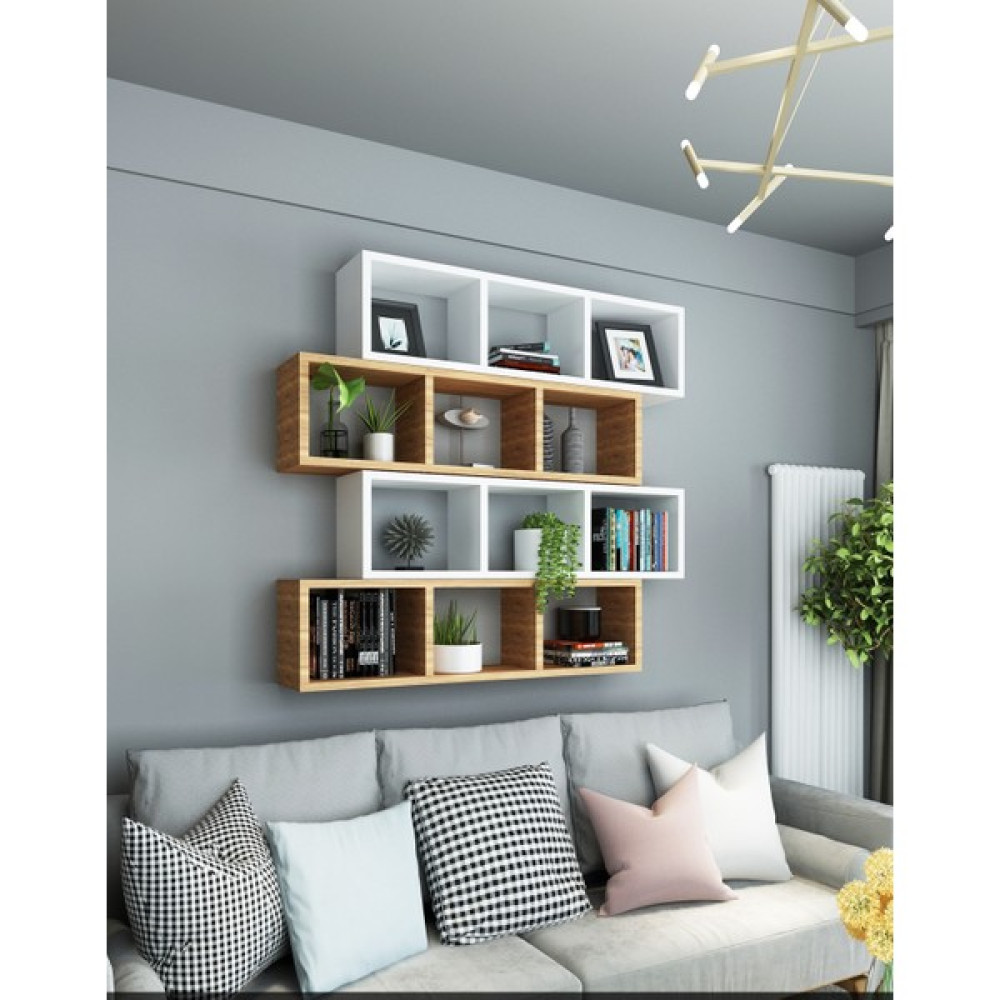 Dekormer Design Kitaplık Duvar Rafı Kahve Beyaz 4'lü Takım - Beyaz - Kahverengi Kitaplık Fiyatı