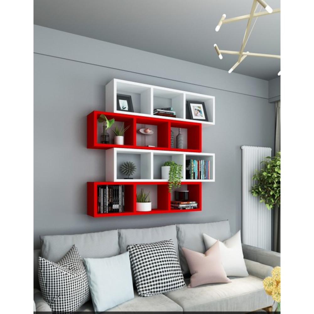 Dekormer Design Kitaplık Duvar Rafı Kırmızı Beyaz 4'lü Takım - Kırmızı - Beyaz Kitaplık Fiyatı