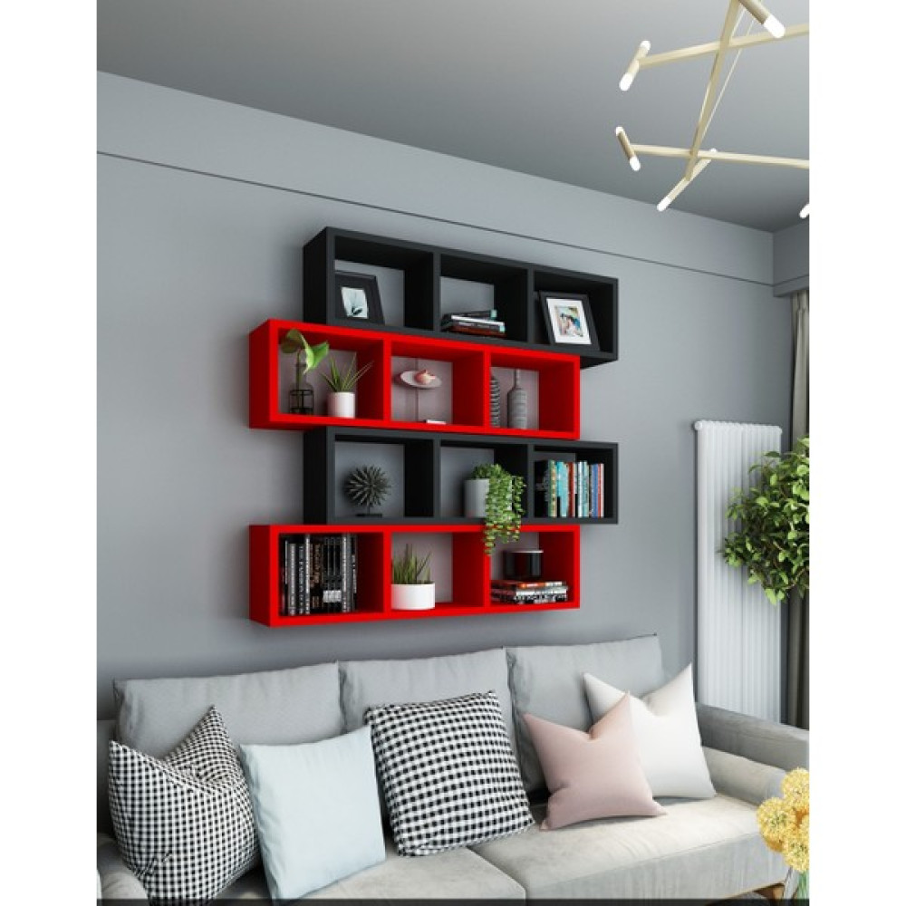 Dekormer Design Kitaplık Duvar Rafı Kırmızı Siyah 4'lü Takım - Kırmızı - Siyah Kitaplık Fiyatı