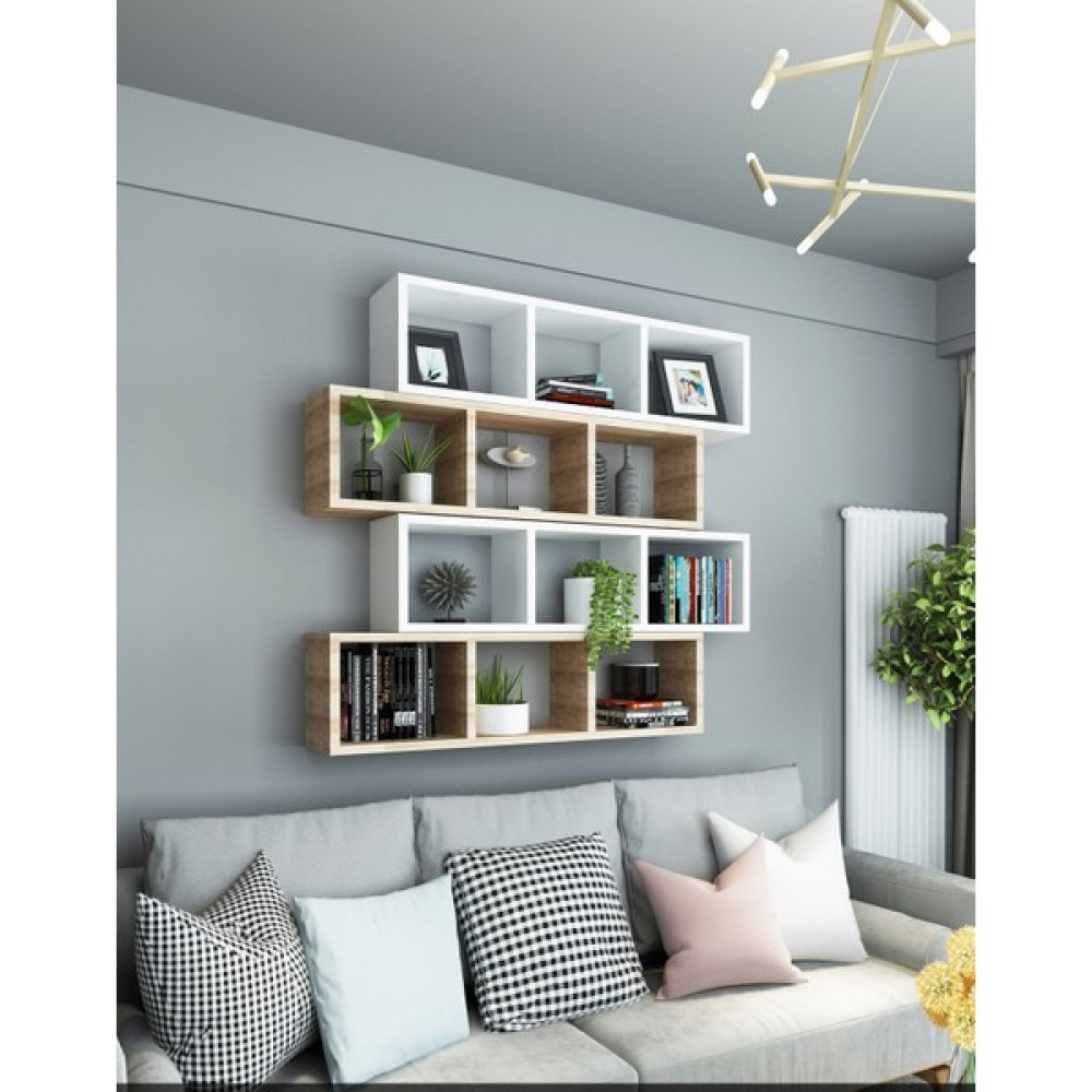 Dekormer Design Kitaplık Duvar Rafı Meşe Beyaz 4'lü Takım - Meşe - Beyaz Kitaplık Fiyatı