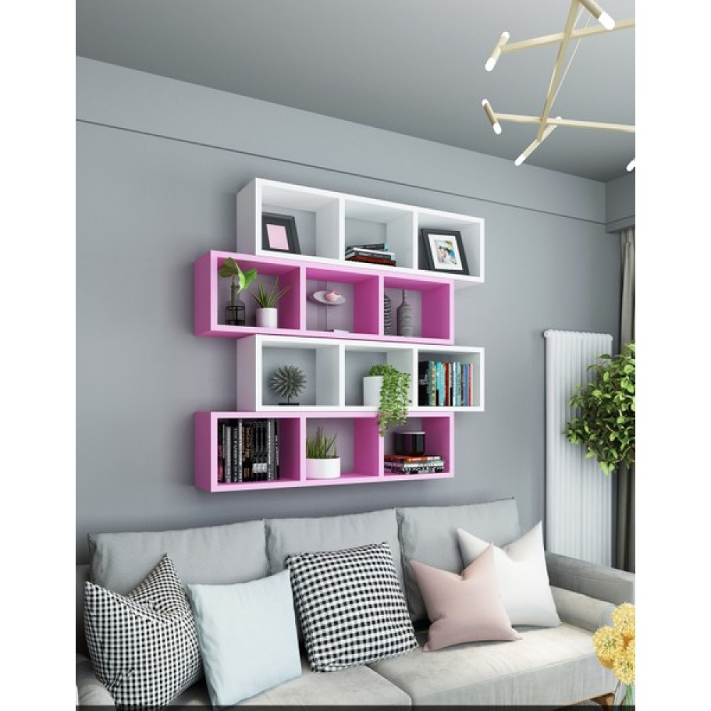 Dekormer Design Kitaplık Duvar Rafı Pembe Beyaz 4'lü Takım - Beyaz - Pembe Kitaplık Fiyatı