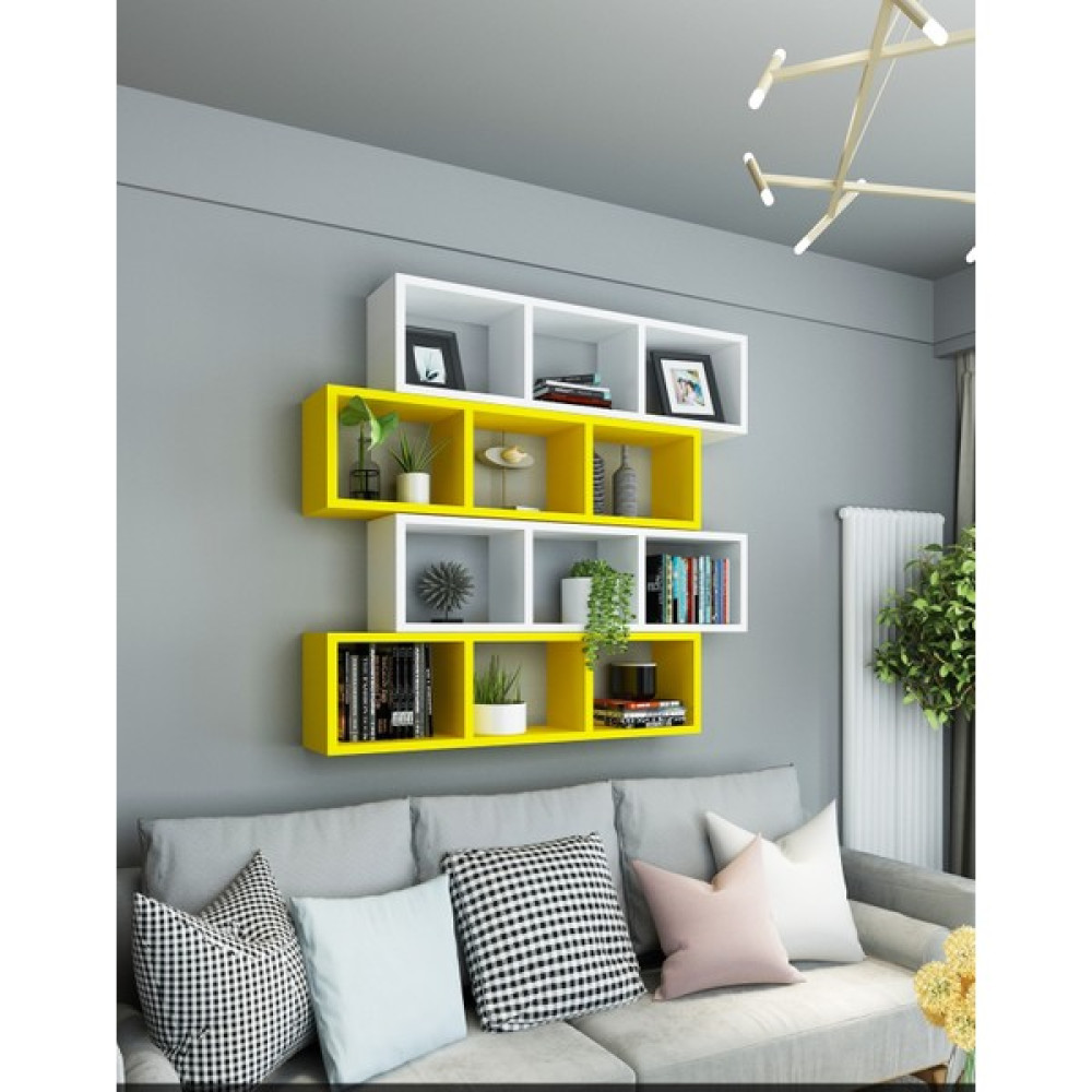 Dekormer Design Kitaplık Duvar Rafı Sarı Beyaz 4'lü Takım Kitaplık Fiyatı