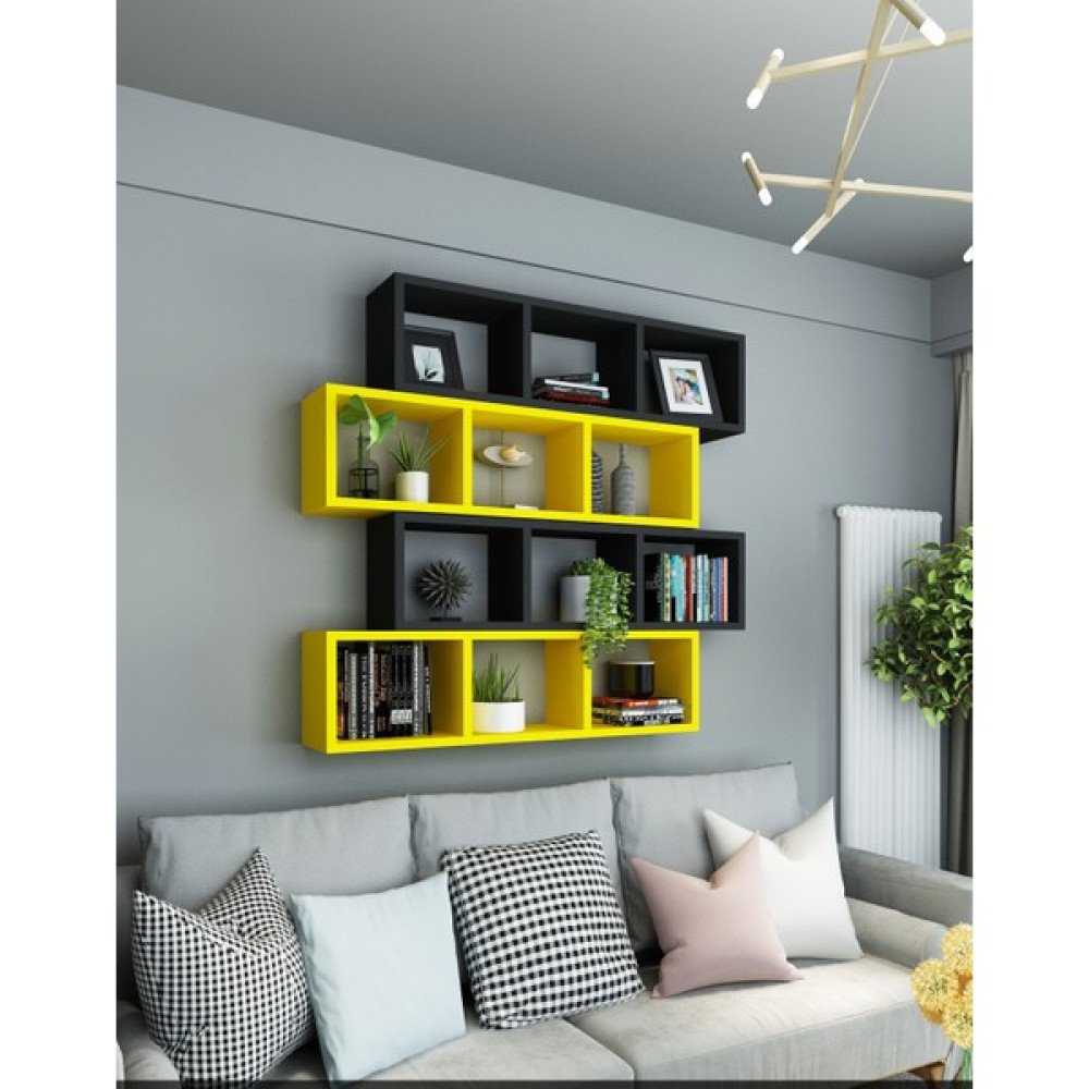 Dekormer Design Kitaplık Duvar Rafı Sarı Siyah 4'lü Takım - Sarı - Siyah Kitaplık Fiyatı