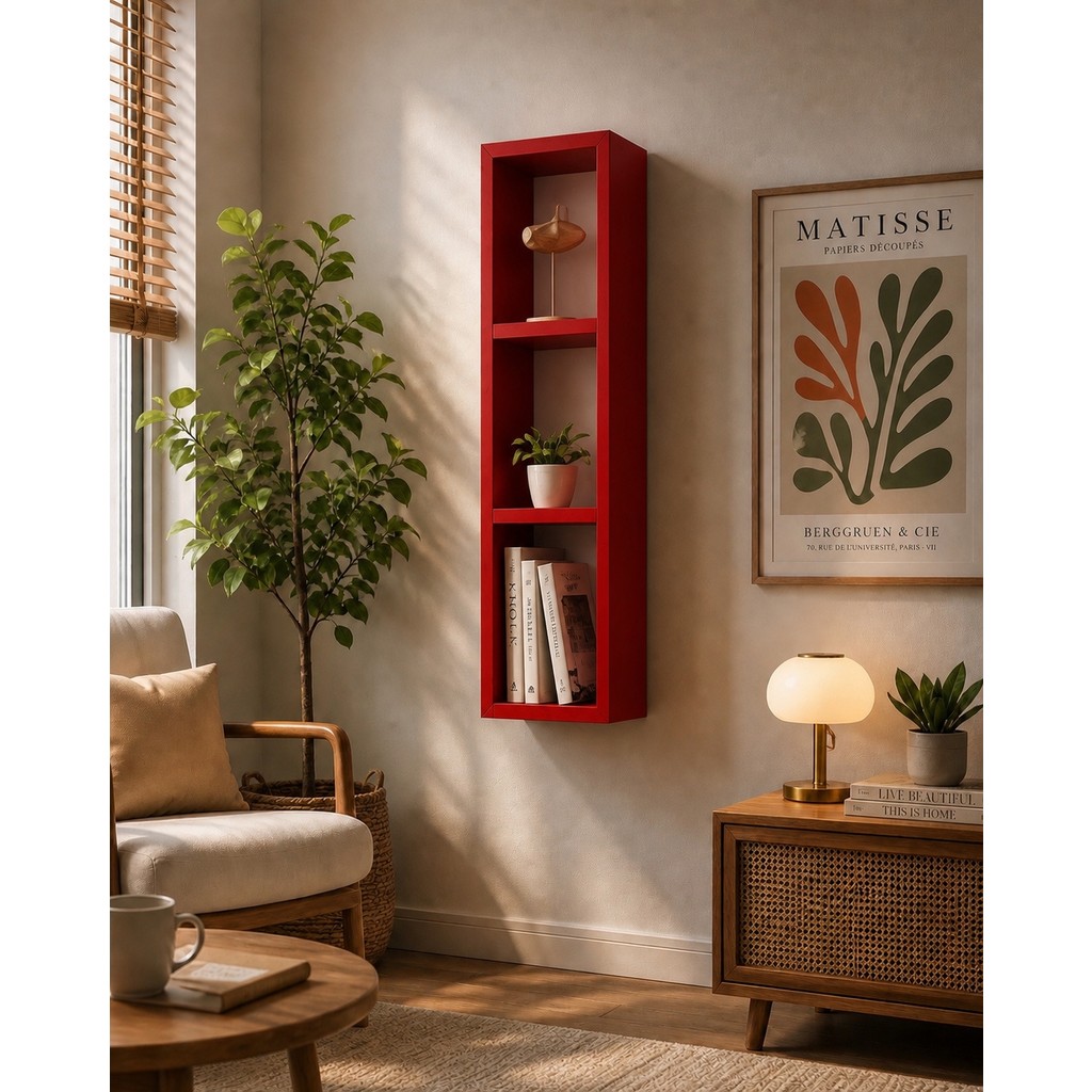 Dekormer Design Kitaplık Duvar Rafı Yatay-Dikey Tek Kırmızı Kitaplık Fiyatı
