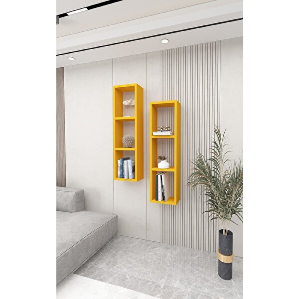 Dekormer Design Kitaplık Ikili Çapraz Duvar Rafı Takım - Sarı Kitaplık Fiyatı