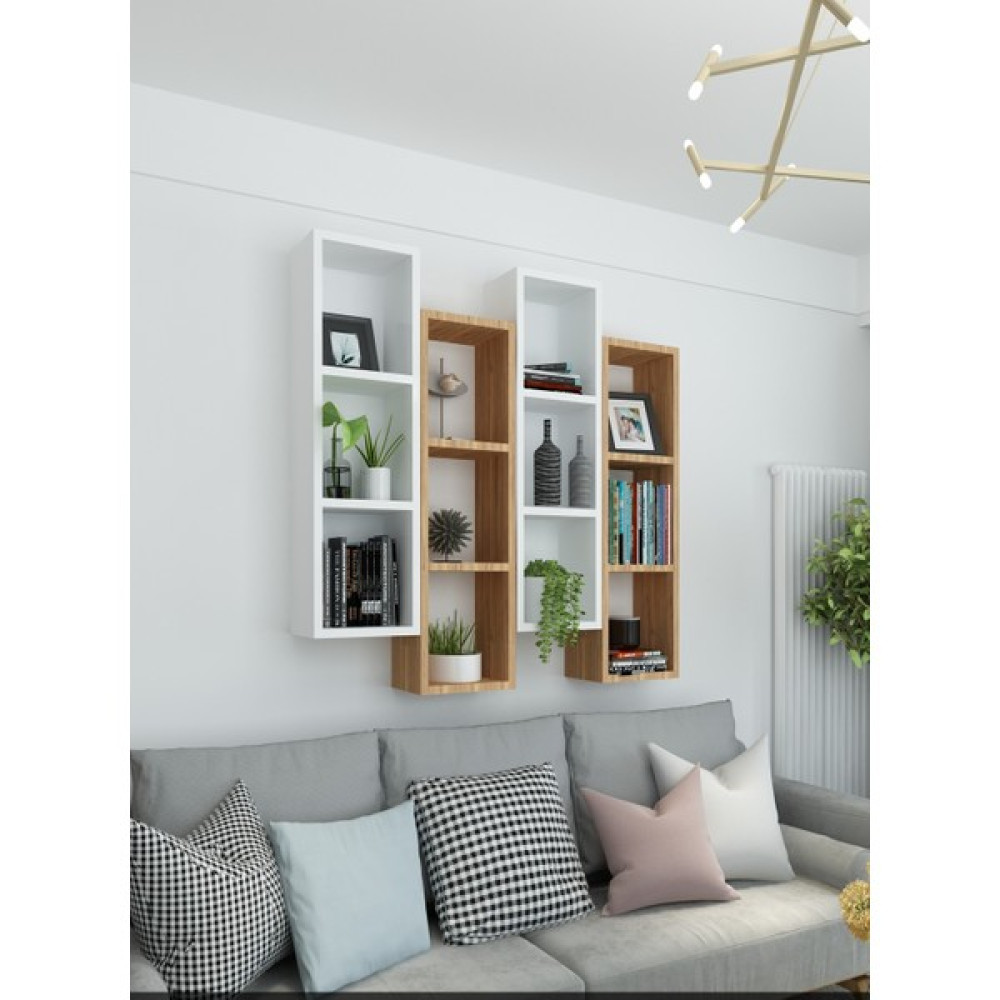 Dekormer Design Kitaplık Modern Duvar Rafı Kahve Beyaz 4'lü Takım - Atlantik Çam - Beyaz Kitaplık Fiyatı