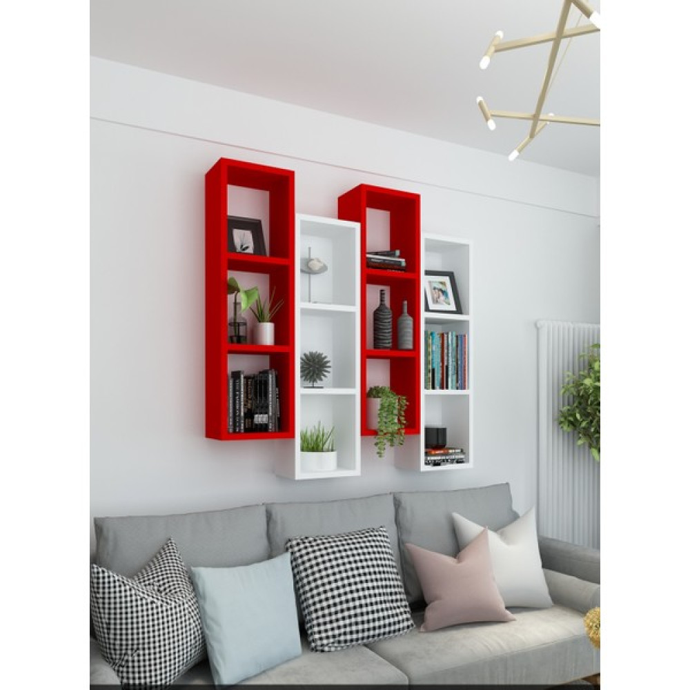 Dekormer Design Kitaplık Modern Duvar Rafı Kırmızı Beyaz 4'lü Takım - Kırmızı - Beyaz Kitaplık Fiyatı