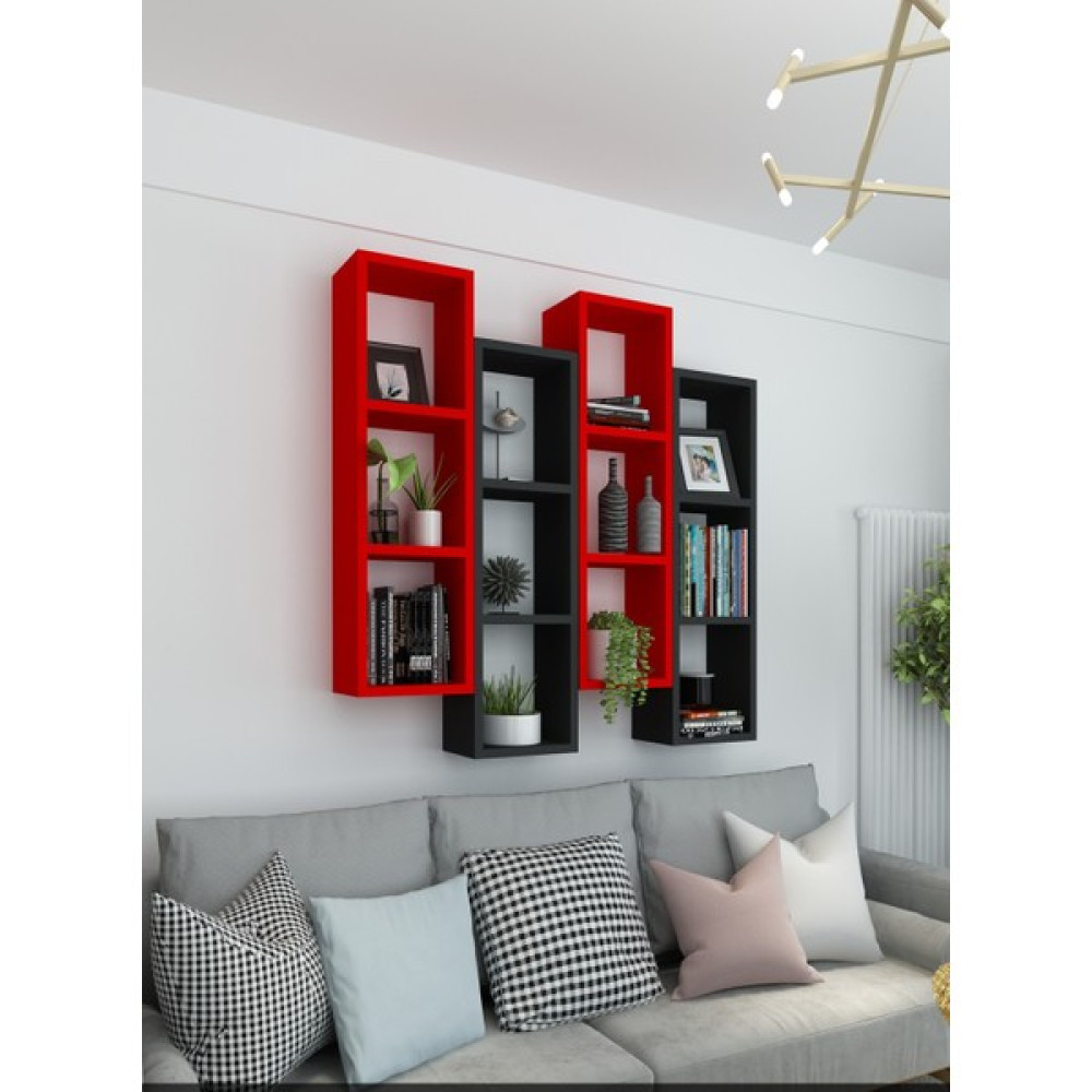 Dekormer Design Kitaplık Modern Duvar Rafı Kırmızı Siyah 4'lü Takım - Kırmızı - Siyah Kitaplık Fiyatı