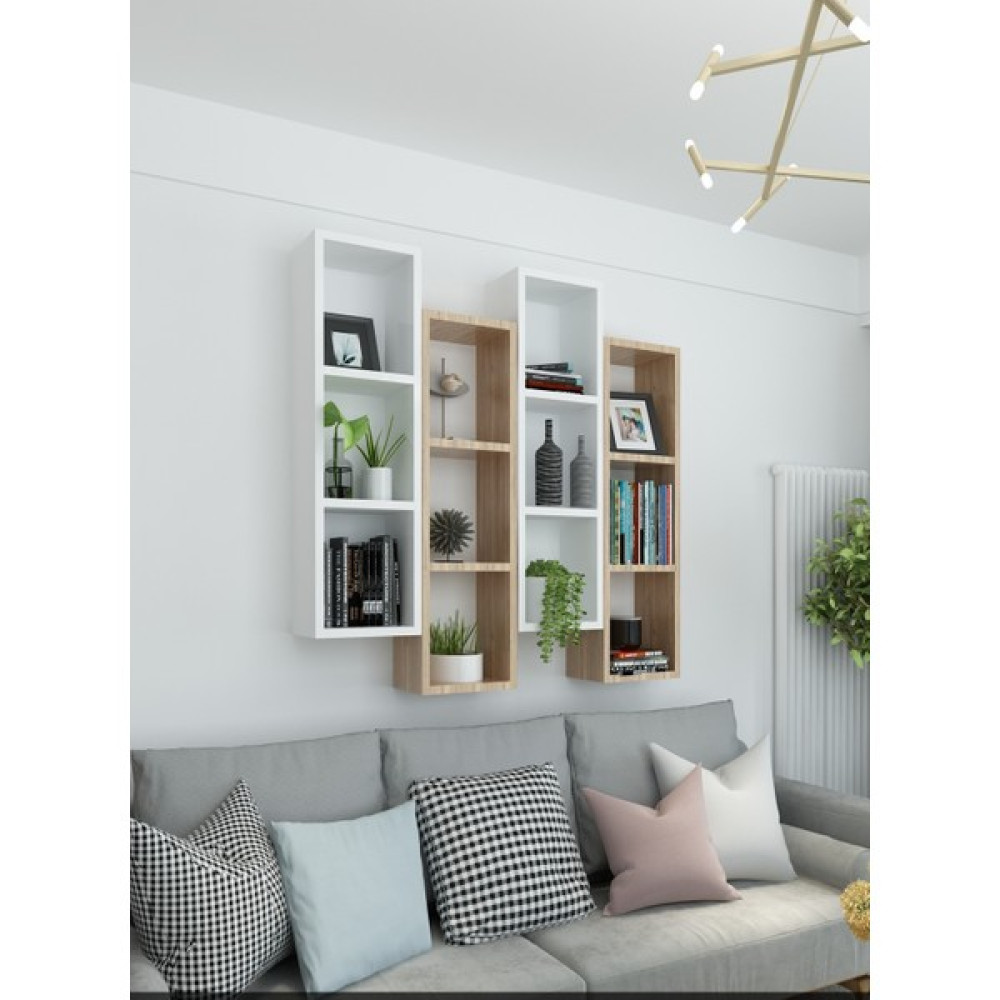 Dekormer Design Kitaplık Modern Duvar Rafı Meşe Beyaz 4'lü Takım - Meşe - Beyaz Kitaplık Fiyatı
