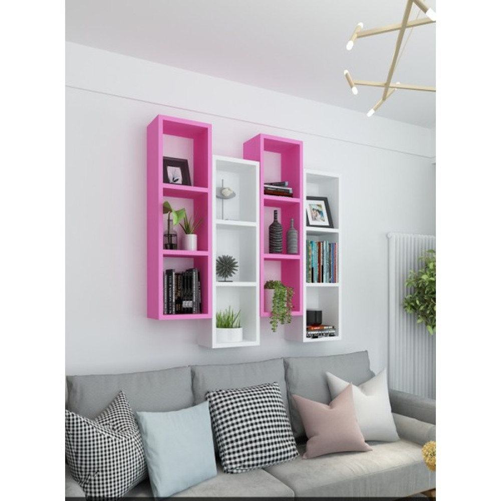 Dekormer Design Kitaplık Modern Duvar Rafı Pembe Beyaz 4'lü Takım - Beyaz - Pembe Kitaplık Fiyatı
